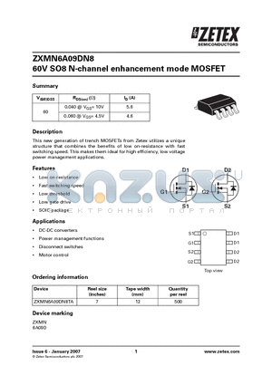ZXMN6A09DN8 datasheet - 60V SO8 N-channel enhancement mode MOSFET