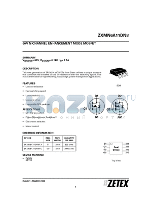 ZXMN6A11DN8TC datasheet - 60V N-CHANNEL ENHANCEMENT MODE MOSFET