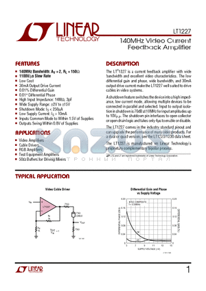 LT1227CS8 datasheet - 140MHz Video Current Feedback Amplifier