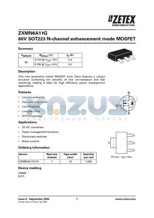 ZXMN6A11GTA datasheet - 60V SOT223 N-channel enhancement mode MOSFET