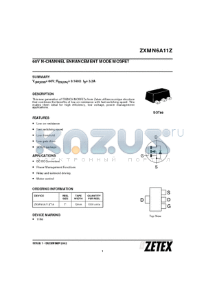 ZXMN6A11ZTA datasheet - 60V N-CHANNEL ENHANCEMENT MODE MOSFET