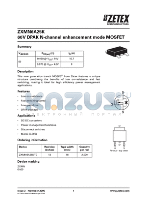 ZXMN6A25KTC datasheet - 60V DPAK N-channel enhancement mode MOSFET
