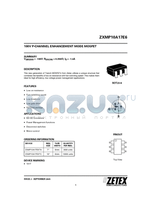 ZXMP10A17E6 datasheet - 100V P-CHANNEL ENHANCEMENT MODE MOSFET