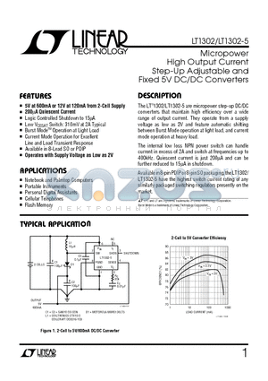 LT1302CS8 datasheet - Micropower High Output Current Step-Up Adjustable and Fixed 5V DC/DC Converters