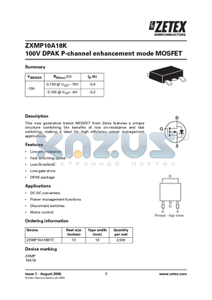 ZXMP10A18K datasheet - 100V DPAK P-channel enhancement mode MOSFET
