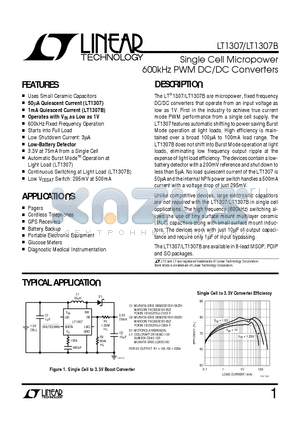 LT1307CN8 datasheet - Single Cell Micropower 600kHz PWM DC/DC Converters