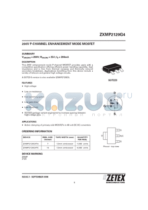ZXMP2120G4TA datasheet - 200V P-CHANNEL ENHANCEMENT MODE MOSFET