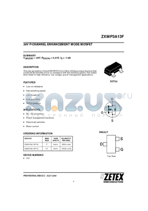 ZXMP3A13FTA datasheet - 30V P-CHANNEL ENHANCEMENT MODE MOSFET