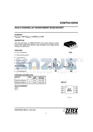 ZXMP3A16DN8 datasheet - DUAL P-CHANNEL 30V ENHANCEMENT MODE MOSFET