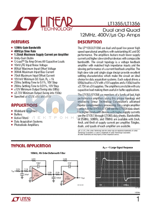 LT1352 datasheet - Dual and Quad 12MHz, 400V/ls Op Amps