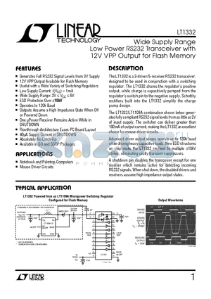 LT1332 datasheet - Wide Supply Range Low Power RS232 Transceiver with 12V VPP Output for Flash Memory