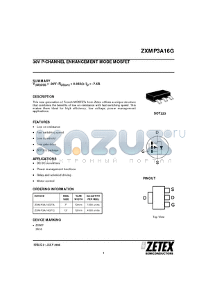 ZXMP3A16G datasheet - 30V P-CHANNEL ENHANCEMENT MODE MOSFET