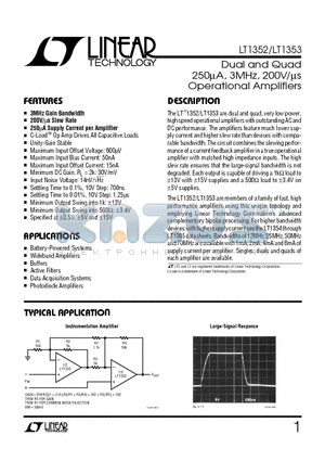 LT1353 datasheet - Dual and Quad 250uA, 3MHz, 200V/us Operational Amplifiers