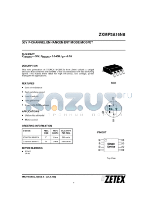 ZXMP3A16N8 datasheet - 30V P-CHANNEL ENHANCEMENT MODE MOSFET