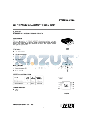 ZXMP3A16N8TA datasheet - 30V P-CHANNEL ENHANCEMENT MODE MOSFET