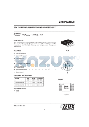 ZXMP3A16N8TC datasheet - 30V P-CHANNEL ENHANCEMENT MODE MOSFET