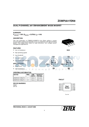 ZXMP3A17DN8TA datasheet - DUAL P-CHANNEL 30V ENHANCEMENT MODE MOSFET
