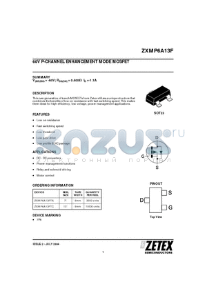 ZXMP6A13FTC datasheet - 60V P-CHANNEL ENHANCEMENT MODE MOSFET