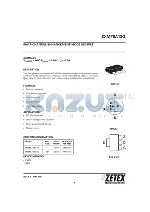 ZXMP6A13GTA datasheet - 60V P-CHANNEL ENHANCEMENT MODE MOSFET