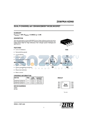 ZXMP6A16DN8TC datasheet - DUAL P-CHANNEL 60V ENHANCEMENT MODE MOSFET