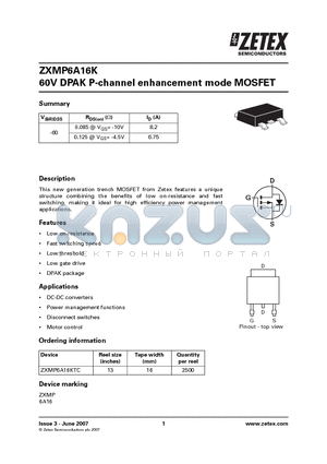 ZXMP6A16KTC datasheet - 60V DPAK P-channel enhancement mode MOSFET