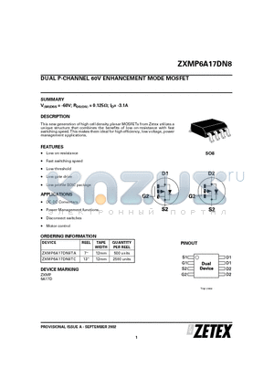 ZXMP6A17DN8TA datasheet - DUAL P-CHANNEL 60V ENHANCEMENT MODE MOSFET