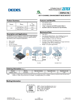 ZXMP6A17N8 datasheet - 60V P-CHANNEL ENHANCEMENT MODE MOSFET