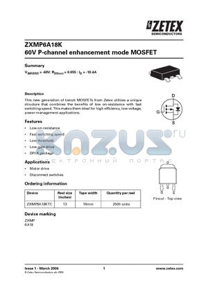 ZXMP6A18KTC datasheet - 60V P-channel enhancement mode MOSFET