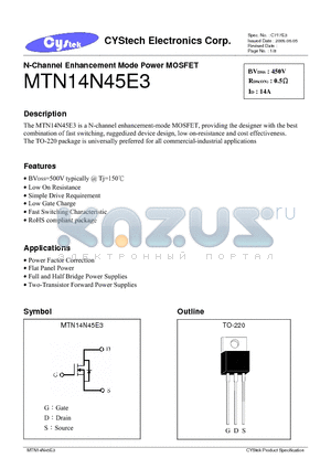 MTN14N45E3 datasheet - N-Channel Enhancement Mode Power MOSFET