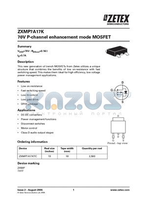 ZXMP7A17KTC datasheet - 70V P-channel enhancement mode MOSFET