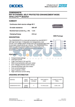 ZXMS6004DT8 datasheet - 60V N-CHANNEL SELF PROTECTED ENHANCEMENT MODE INTELLIFET MOSFET