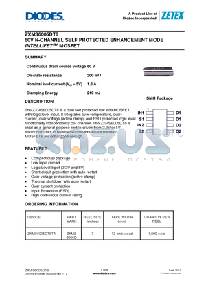 ZXMS6005DT8TA datasheet - 60V N-CHANNEL SELF PROTECTED ENHANCEMENT MODE INTELLIFET MOSFET