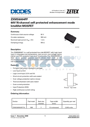 ZXMS6004FF datasheet - 60V N-channel self protected enhancement mode Intellifet MOSFET