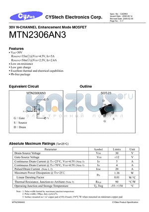 MTN2306AN3 datasheet - 30V N-CHANNEL Enhancement Mode MOSFET