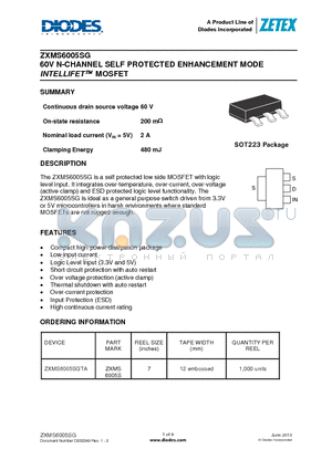 ZXMS6005SGTA datasheet - 60V N-CHANNEL SELF PROTECTED ENHANCEMENT MODE INTELLIFET MOSFET