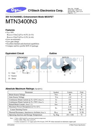 MTN3400N3 datasheet - 30V N-CHANNEL Enhancement Mode MOSFET