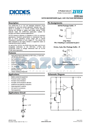 ZXRE1004CFTA datasheet - SOT23 MICROPOWER (4lA) 1.22V VOLTAGE REFERENCE