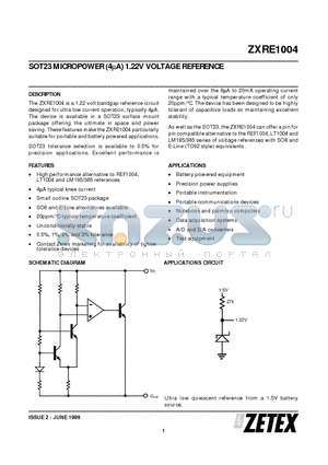 ZXRE1004DR datasheet - SOT23 MICROPOWER (4uA) 1.22V VOLTAGE REFERENCE