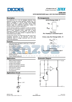 ZXRE1004EFTA datasheet - SOT23 MICROPOWER (4lA) 1.22V VOLTAGE REFERENCE