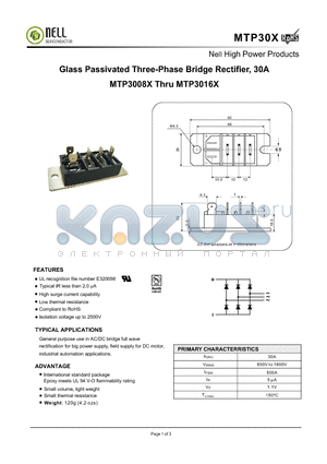 MTP30X datasheet - Glass Passivated Three-Phase Bridge Rectifier, 30A