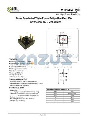 MTP50W datasheet - Glass Passivated Triple-Phase Bridge Rectifier, 50A