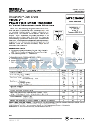 MTP52N06V datasheet - TMOS POWER FET 52 AMPERES 60 VOLTS RDS(on) = 0.022 OHM