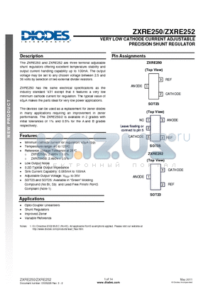 ZXRE250ABW5-7 datasheet - VERY LOW CATHODE CURRENT ADJUSTABLE PRECISION SHUNT REGULATOR