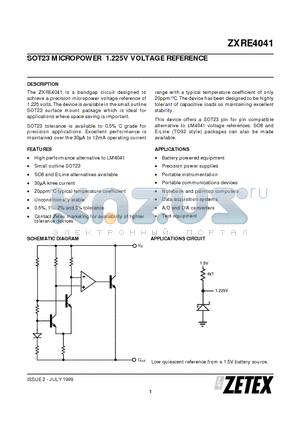 ZXRE4041EN8 datasheet - SOT23 MICROPOWER 1.225V VOLTAGE REFERENCE