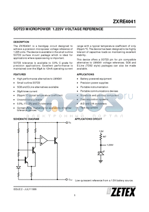 ZXRE4041FR datasheet - SOT23 MICROPOWER 1.225V VOLTAGE REFERENCE