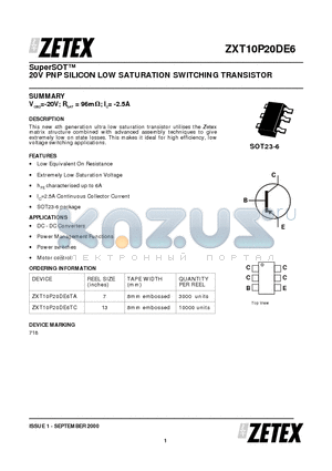 ZXT10P20DE6 datasheet - 20V PNP SILICON LOW SATURATION SWITCHING TRANSISTOR