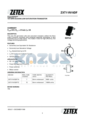 ZXT11N15DFTA datasheet - 15V NPN SILICON LOW SATURATION TRANSISTOR