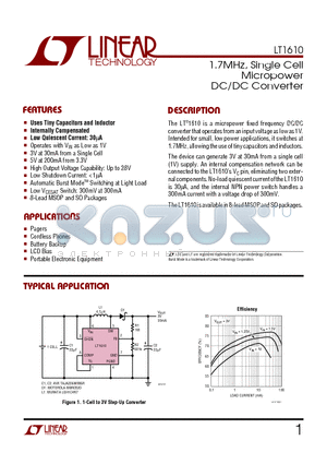 LT1610CS8 datasheet - 1.7MHz, Single Cell Micropower DC/DC Converter