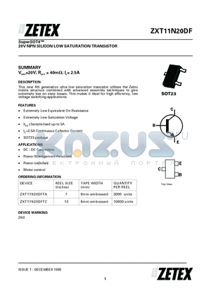 ZXT11N20DFTC datasheet - 20V NPN SILICON LOW SATURATION TRANSISTOR
