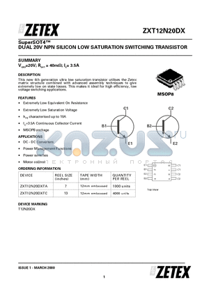 ZXT12N20DXTA datasheet - DUAL 20V NPN SILICON LOW SATURATION SWITCHING TRANSISTOR